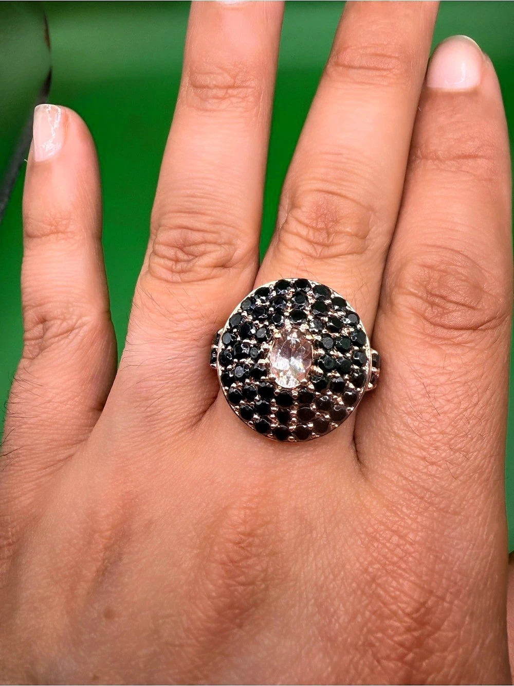 925 Sterling Silver Black Spinel & Morganite Ring Size 10.